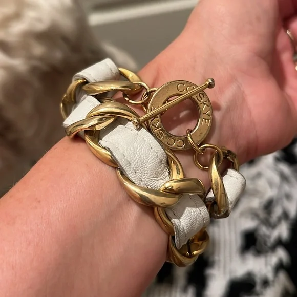 CC Skye Gold & White Chain Link Leather Choker &/or bracelet Y2K - Picture 5 of 10